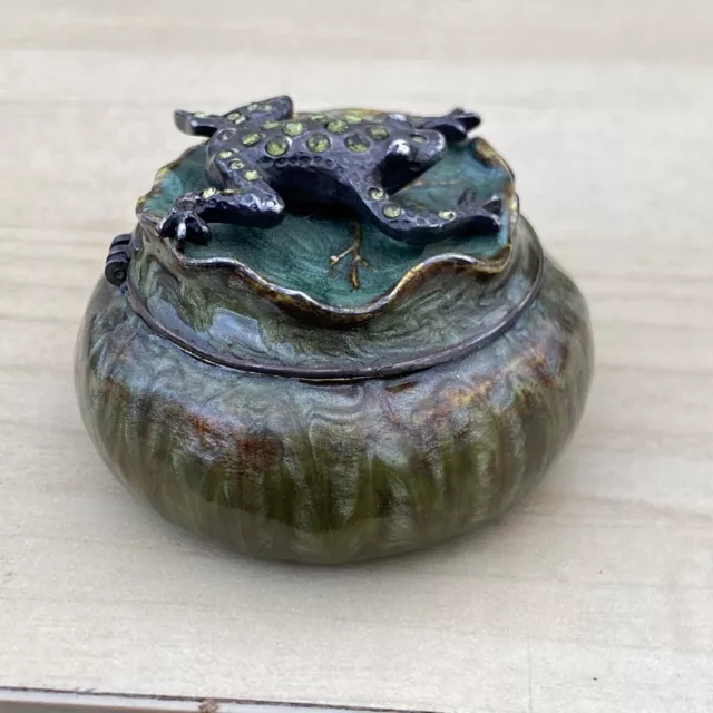 Mini Enamel Frog Hand Painted Green Bejeweled Hinged Trinket Jewelry Box