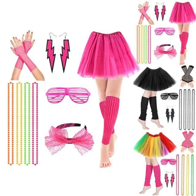 Ladies 80s Fancy Dress Set Hen Party 80's Neon Tutu Skirt CostumeS Accessories