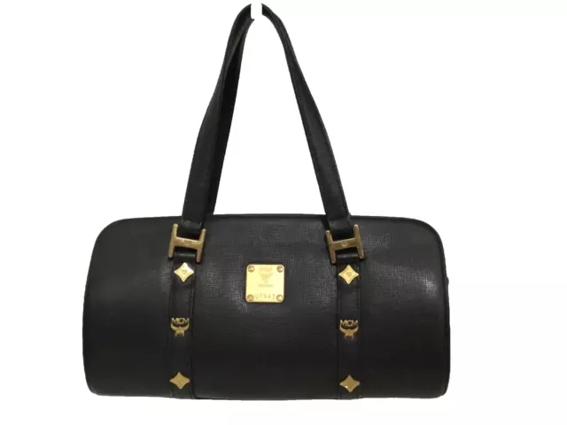 Black Saffiano Calfskin Leather MCM Papillon Barrel Style Studded Bag Purse