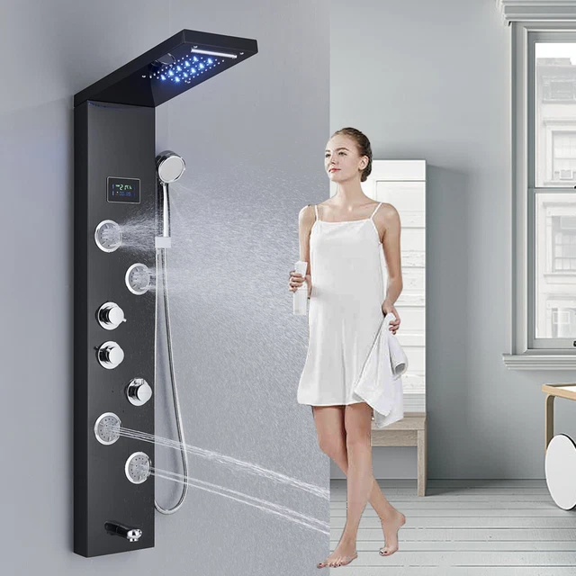 Negro LED Panel de Ducha Columna Cabezal de ducha Chorros de Masaje con Bidé