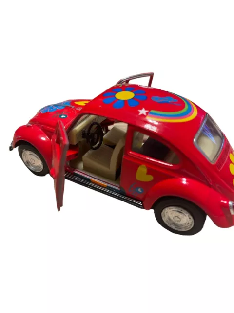 Pull Back Racer 1967 Volkswagen Beetle Hippy Flowers Peace Love Doors Open 1/32 3