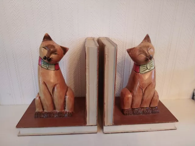 Pair Wooden Cat Bookends Has Some Marks Please See Our Photos.