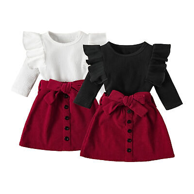 Kids Girls T-shirt & Skirt Outfits Casual Ruffle Tops Bow Skirt Dress Clothing