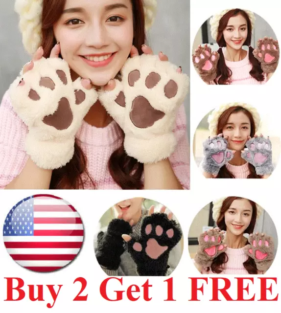 US Cat Claw Bear Paw Gloves Women Warm Plush Faux Fur Cosplay Fingerless Mittens