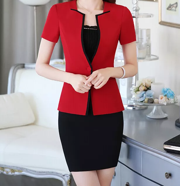 Elegante Tailleur completo donna nero rosso giacca manica corta gonna  46