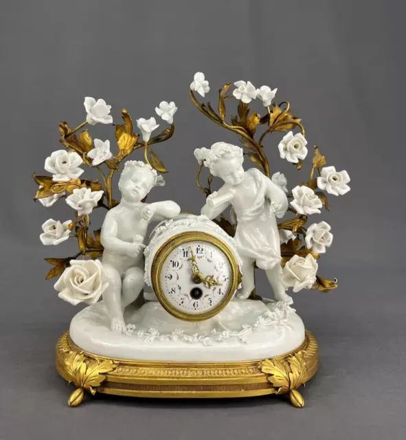 Boler French Gilt Ormolu Porcelain Capodimonte Putti & Flower Boudoir Clock 1920