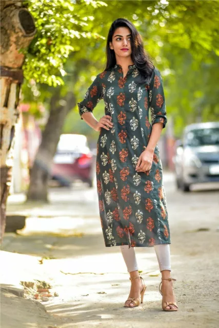 Indian Printed Cotton Kurti Wedding Wear Tunic Long Dress Casual Frock Suit