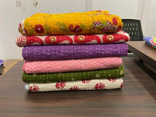 5 Pieces Mix Lot of Indian Kantha Quilts Cotton Bed Cover Throw Old Sari Made