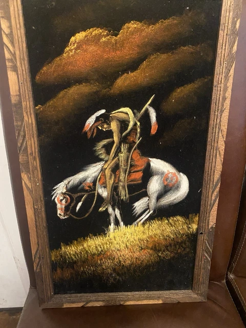 VTG 70'S VELVET Painting Native American Warrior Horseback “End Of