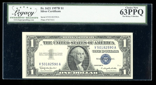 DBR $1 1957-B Silver Fr. 1621 VA Block Legacy 63 PPQ Serial V50182590A