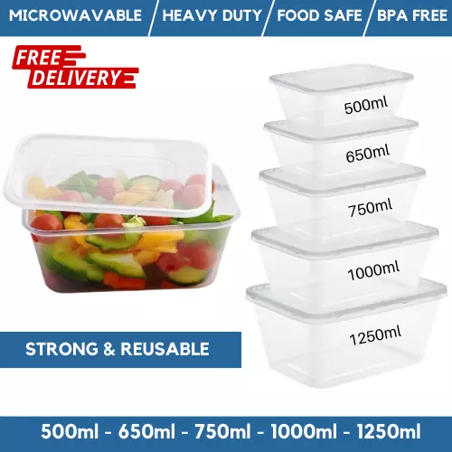 Plastic Food Containers with lids Takeaway Microwave Freezer Safe Storage Boxes