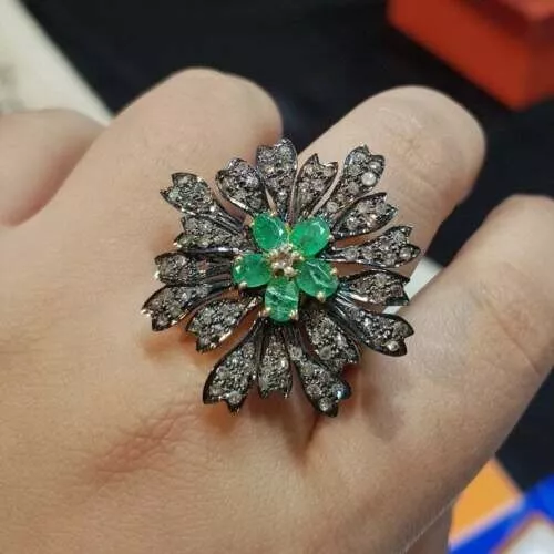 Grün Smaragd Edelstein Ring Pflastern Diamant Schmuck Blume 925 Sterlingsilber