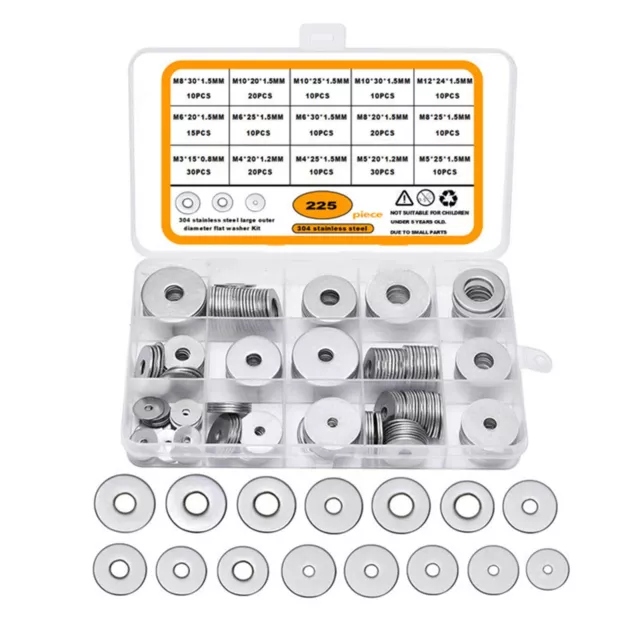 Reliable 304 Stainless Steel Flat Washers 225 Piece Hardware Assortment