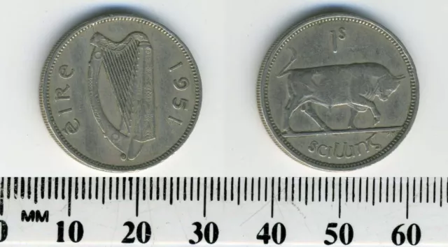 Ireland Republic 1951 - 1 Shilling Copper-Nickel Coin - Irish Harp - Bull