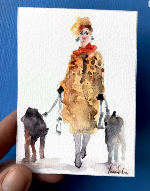 Aceo Card Original Watercolor Painting Portrait of Woman Dogs kept on a Leash