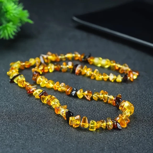 Collier perles Lave 8 mm + Ambre véritable de la mer Baltique Chaine en acier i