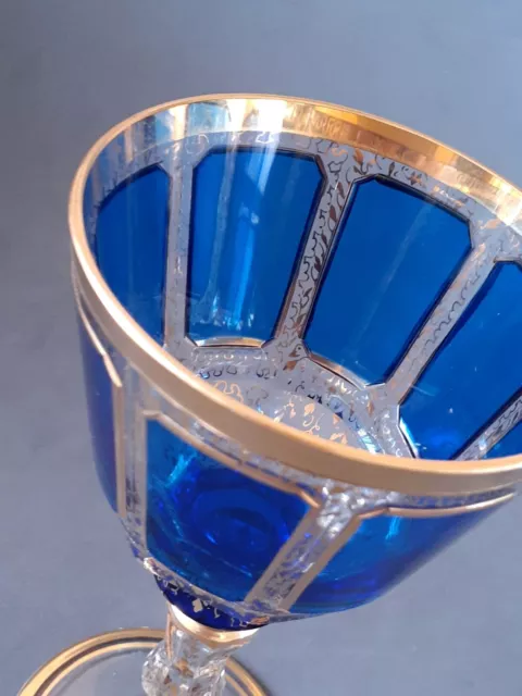 Vintage Moser glass cobalt blue clear gilded Handcrafted Panel Cut wine goblet 2