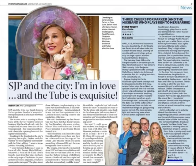 Plaza Suite Sarah J Parker West End Savoy Theatre 1st Nite Review News Article