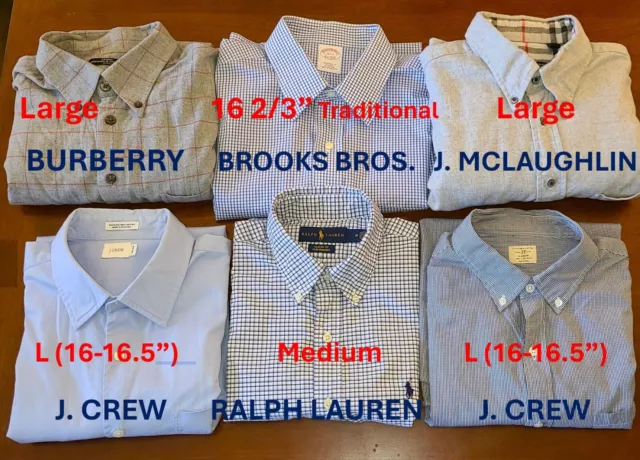 Lot of 6 Long-Sleeved Button-Up Shirts Men's Large J. Crew Ralph Lauren Burberry