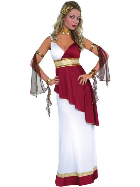 knee length dresses for ladies Ladies Red Greek Roman Greek Goddess Toga Fancy Dress Outfit Womens Co
