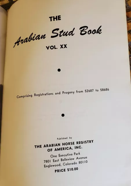 Arabian Stud Book Volume XX HC 1971 - Reg from 52687 to 58686 Official Registry