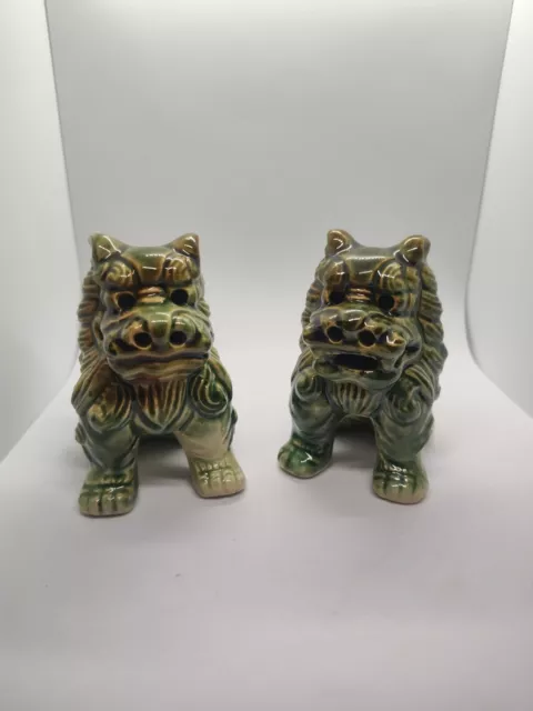 Chinese Foo Dogs Fu Lion Pair Blue Green 3.75" Tall Set of 2 Ceramic Art Pottery