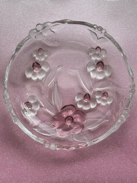 VTG German Round Glass Pink Flowers Art Nouveau Candy/Trinket Dish/Candle Holder