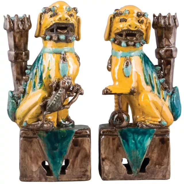 Foo Dog Statues Pair Polychrome Fu Dogs Chinese Figurines Large 12.5"