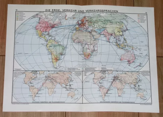 1932 Original Vintage Map Of The World - Transportation / Languages