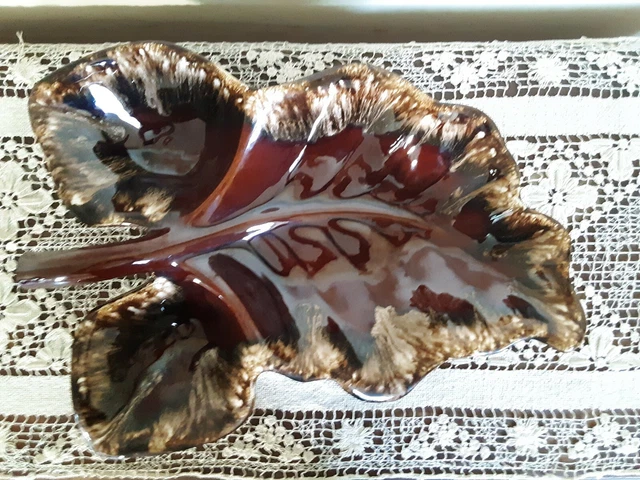 Large Mottled Shades Of Brown Ceramic Leaf Serving Dish /3 Sections- Marked HULL 2