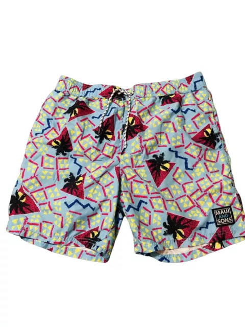 Maui and Sons Swim Trunks Men's Size Large Blue Geometric Palm Tree 80's Style