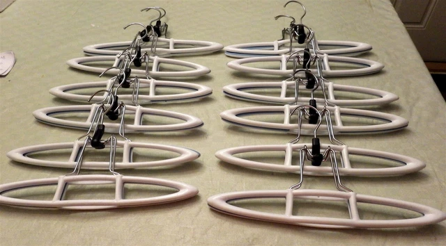 Lot of 12 White Pants/Skirt Hangers w/Anti Slip Coating & Black Clamps