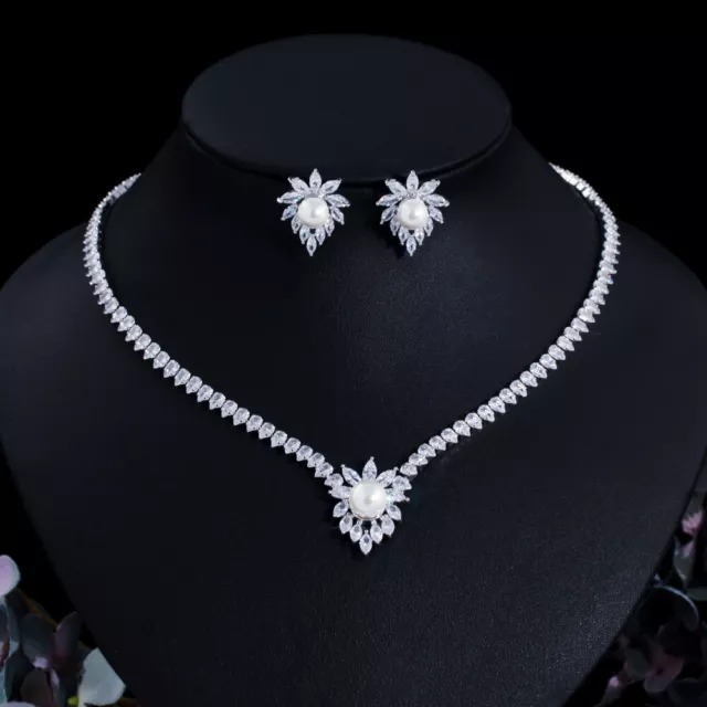 Shiny Marquise Cut CZ Bridal Wedding Pearl Earrings Necklace Costume Jewelry Set