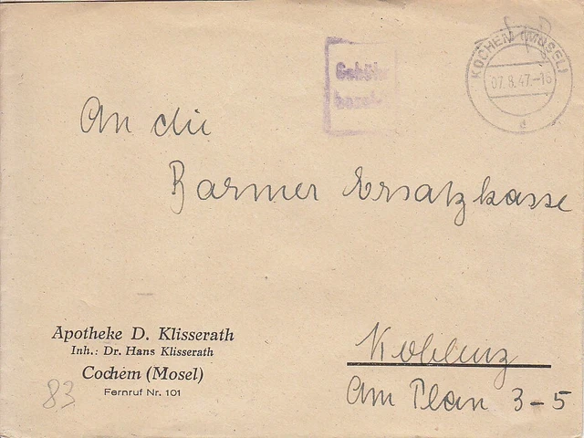 F.Zone - KOCHEM  (MOSEL) - Gebühr bezahlt - Brief - 1947
