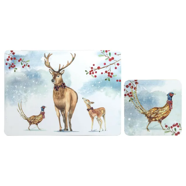 Set of 4 (8pc) Winter Stag Placemats & Coasters, Chistmas Tablemats, Cork-backed