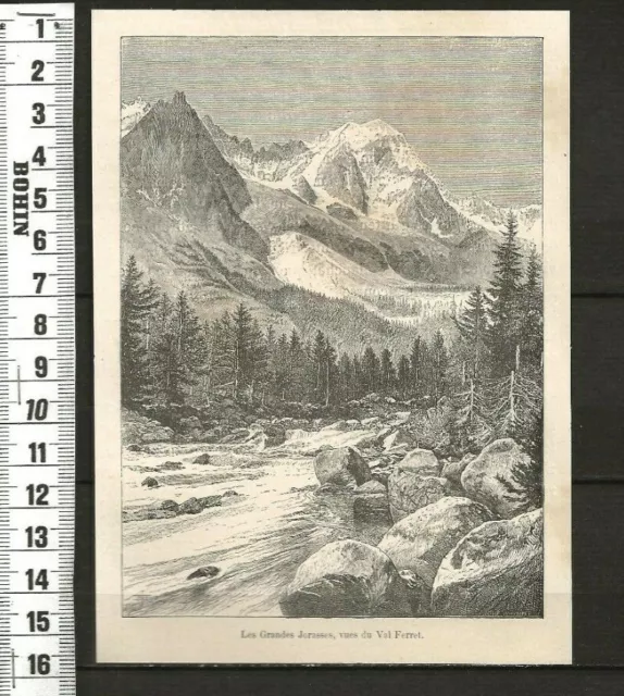 G276 / Gravure 1875 /  Les Grandes Jorasses Vue Du Val Ferret