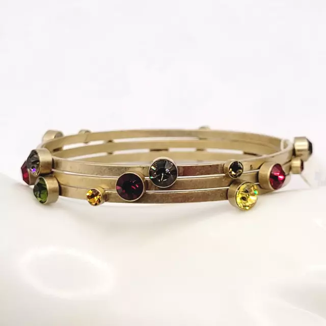 Brass Tone Modern Artisan Styled Rhinestone Bangle Bracelets Set of 3 lia sophia