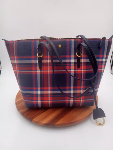 Ralph Lauren Polo pebble grain faux-leather tote plaid Purse New Large  sz