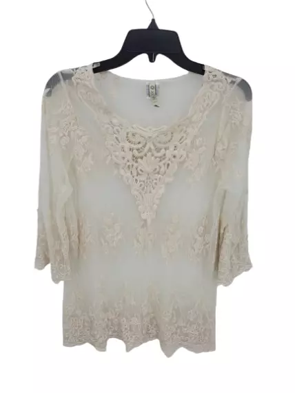 XCVI Anthropologie Top Womens XL Ivory Lace Crochet Sheer Boho Cottagecore