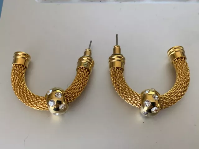 Precioso Vintage Francés Designer Pendientes - Trenzado Dorado Metal,Gemas - 4cm