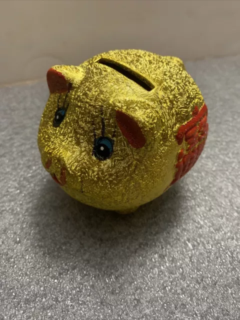 Gold Tone Chinese Happiness Pig Piggy Bank Removable Stopper Oriental Vintage