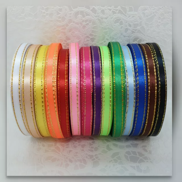 1m or 22m # Satin Ribbon with Gold Lurex Edge # 6mm, 12mm, 25mm # Free Delivery