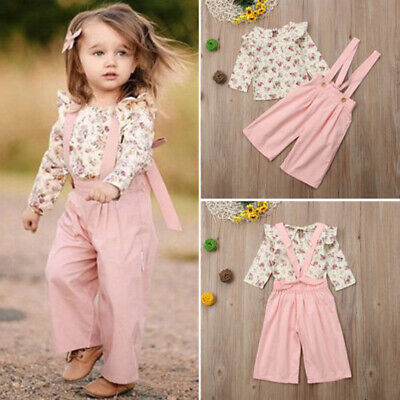 Newborn Baby Girl Floral Clothes Ruffle Long Sleeve Tops+Strap Bib Pants Outfits