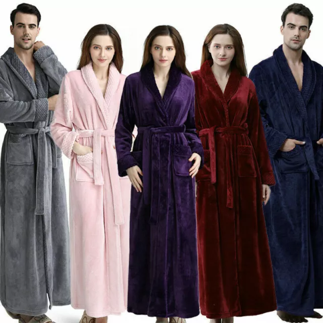 Mens Womens Lengthened Soft Bathrobe Dressing Gown Bath Robe Supersoft Flannel 1 2