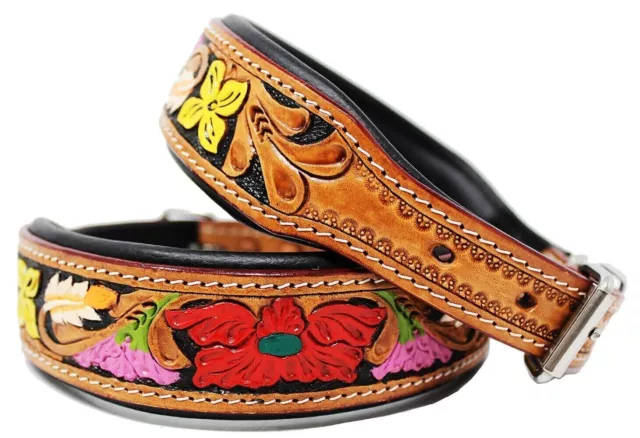 STG Genuine Leather Floral Tooled Handmade Brown Soft Padded Unisex Dog Collar