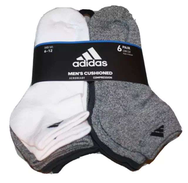 MENS ADIDAS COMPRESSION Socks 6 Pair Low Cut Cushioned Aeroready Gray ...