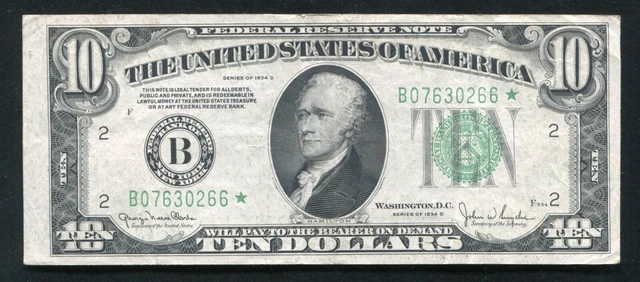 1934-D $10 Ten Dollars *Star* Frn Federal Reserve Note New York, Ny Very Fine+