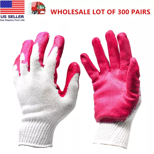 WHOLESALE 300 Pairs Non-Slip Red Latex Rubber Palm Coated Work Safety Gloves