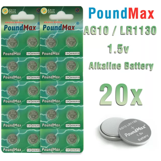 20 X PoundMax AG10, LR1130 LR54 1.5v ALKALINE BUTTON  Battery 2