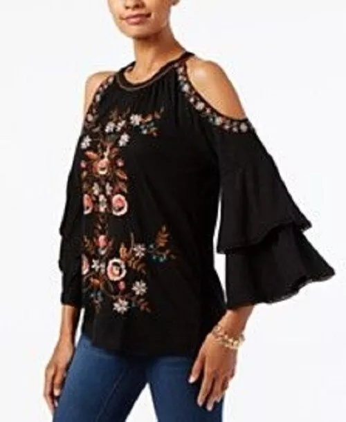 Anna Sui Loves Inc International Concepts EMBROIDERED COLD SHOULDER TOP XL